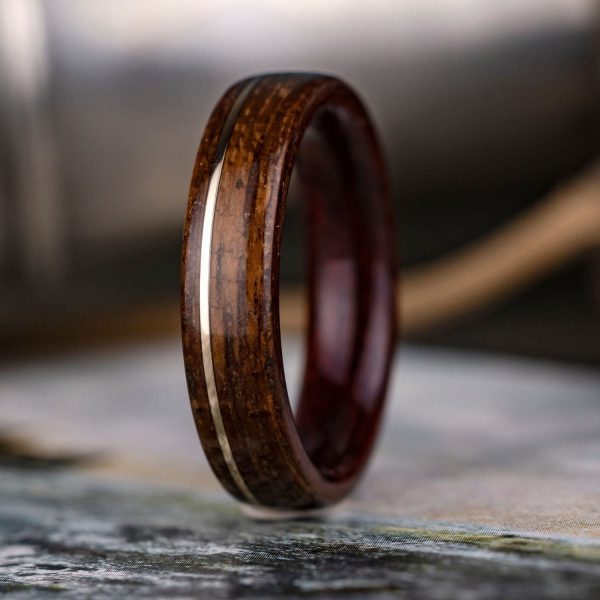 (In-Stock) The USS New Jersey - Bloodwood Edition | Men s Battleship Teak Wood Wedding Band with Bloodwood Liner & 14k Yellow Gold Offset Inlay - Size 8.5 | 5mm Wide Online Sale